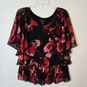 Dressbarn Collection Sz Petite 14 Floral Chiffon Peplum Top TA61A570P Red Black